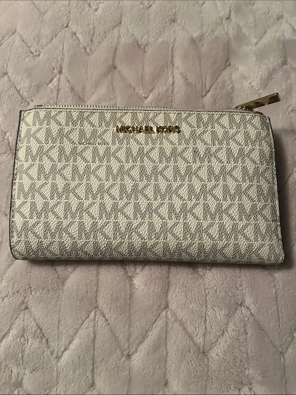 Michael Kors Beige Monogram Zip Wristlet with Gold Logo